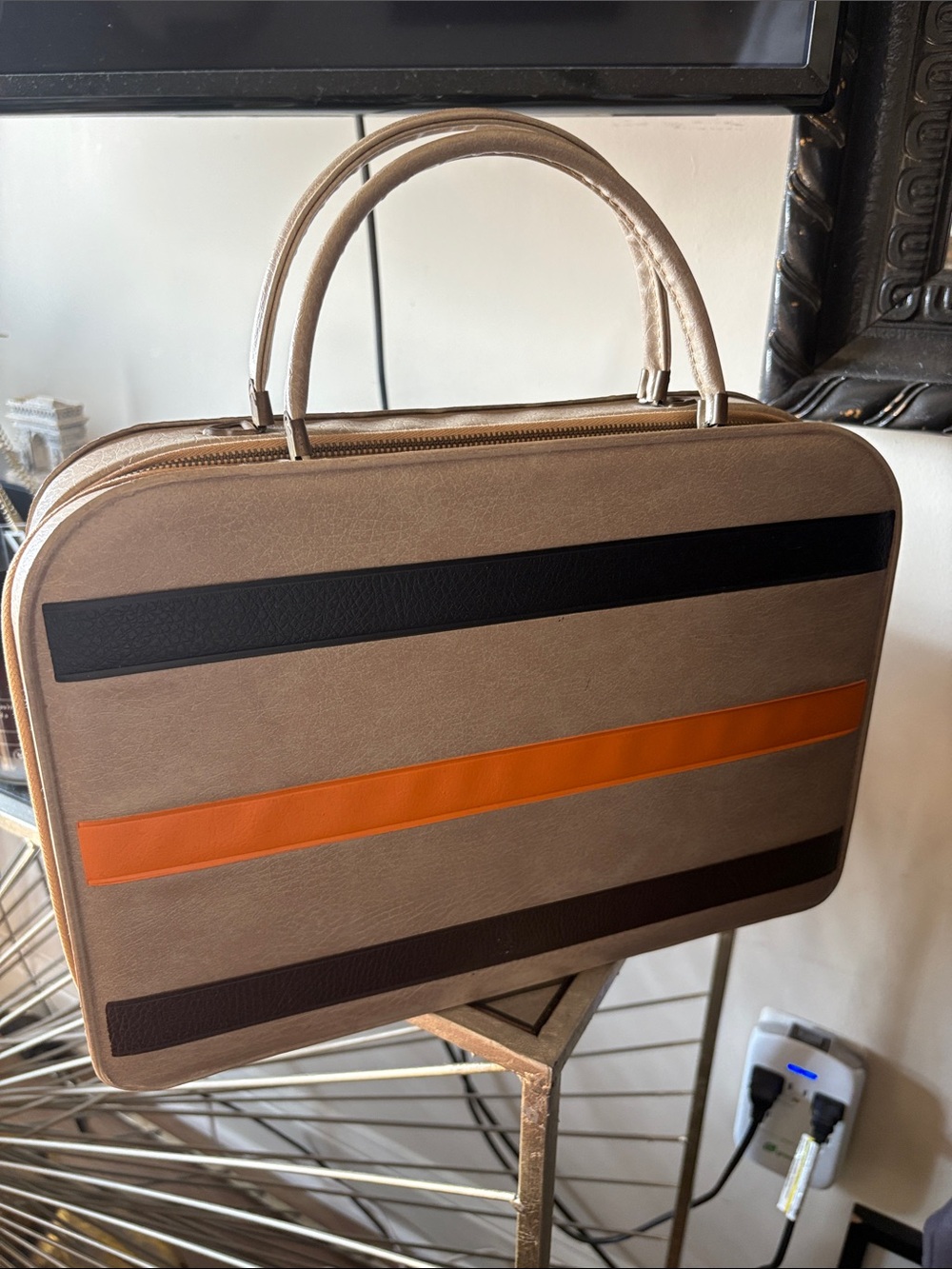 Vintage Taupe Women’s Top-Handle Briefcase with Orange Accent
